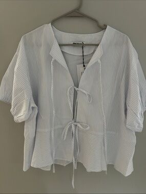 Princess Polly Pale Blue Pinstripe Tie-Front Blouse